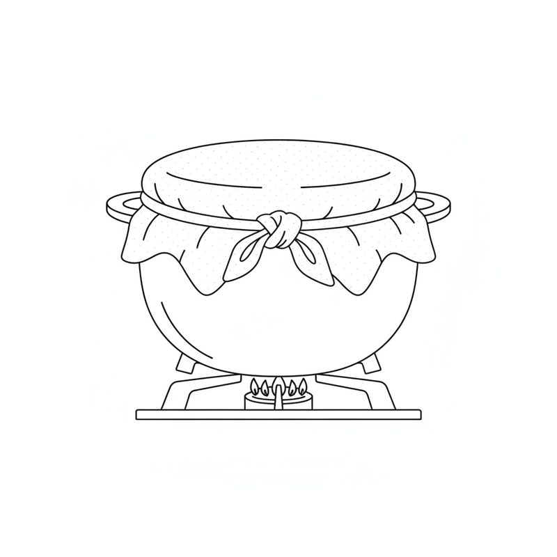 Line drawing of a pot with a kitchen towel tied over its lid, sitting on a gas burner turned to a low flame