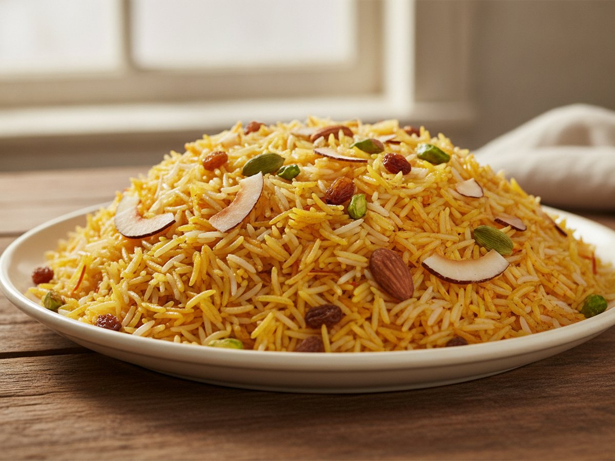 A mound of yellow and white zarda sweet rice on a white plate, topped with dried coconut slices, raisins, almonds, pistachios and green cardamom pods