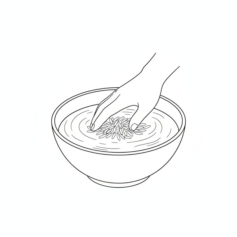Line drawing of a hand swirling long rice grains in a bowl of water