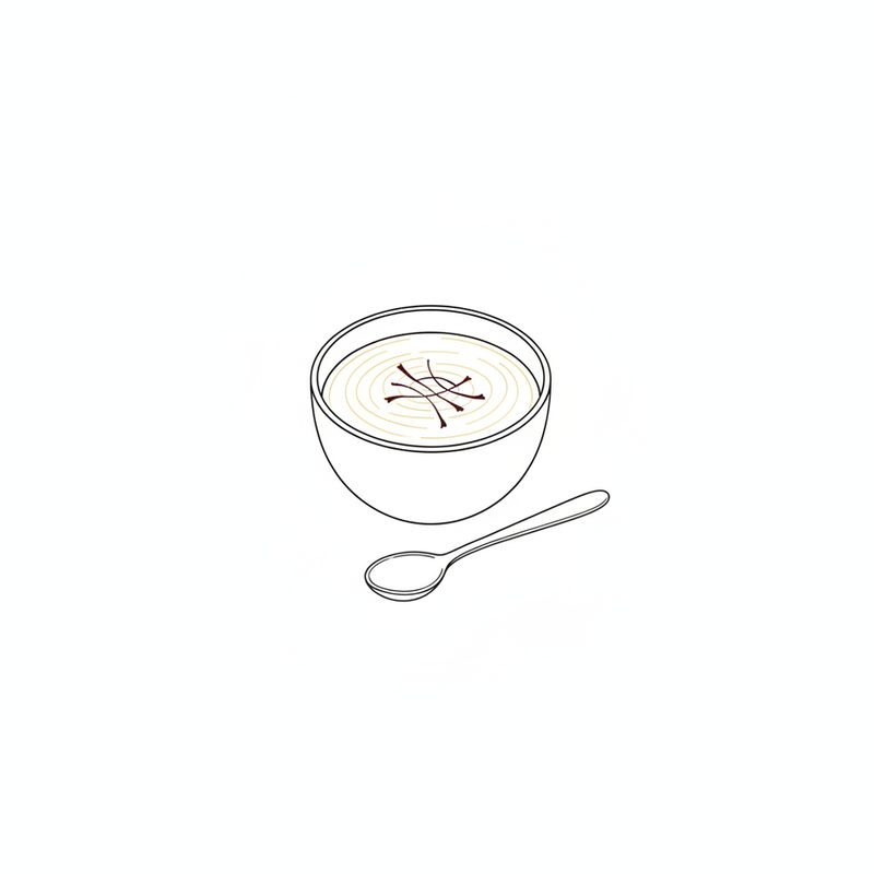 Line drawing of saffron threads steeping in a small bowl of milk with a teaspoon beside it