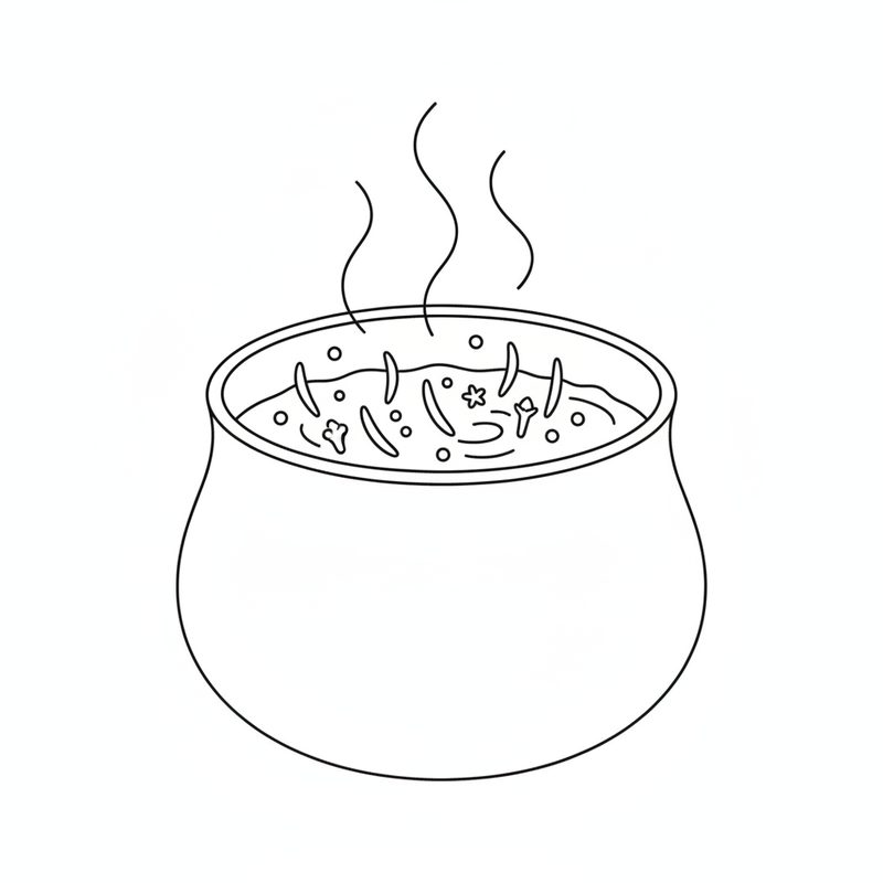 Line drawing of a steaming pot of boiling water with rice grains and cloves in it