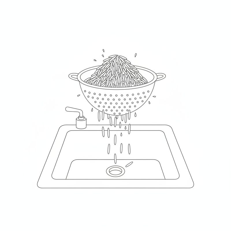 Line drawing of part-cooked long rice grains draining in a colander over a sink