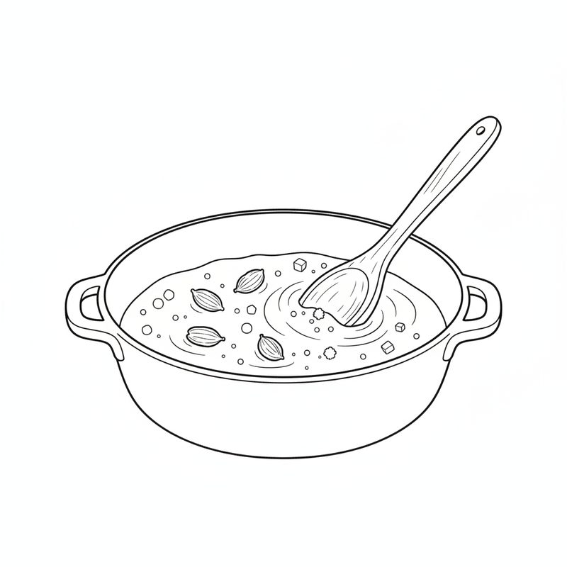 Line drawing of a wooden spoon stirring sugar syrup with green cardamom pods in a wide pan