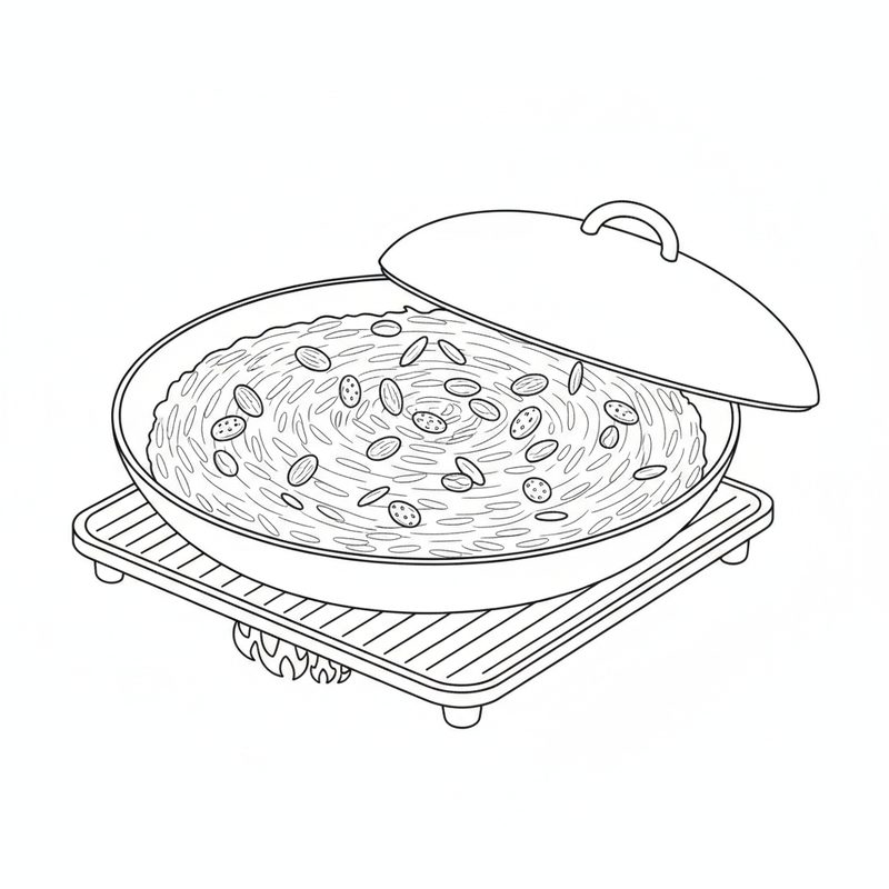 Line drawing of rice topped with sliced nuts in a wide pan, lid half on, sitting on a griddle over a low flame